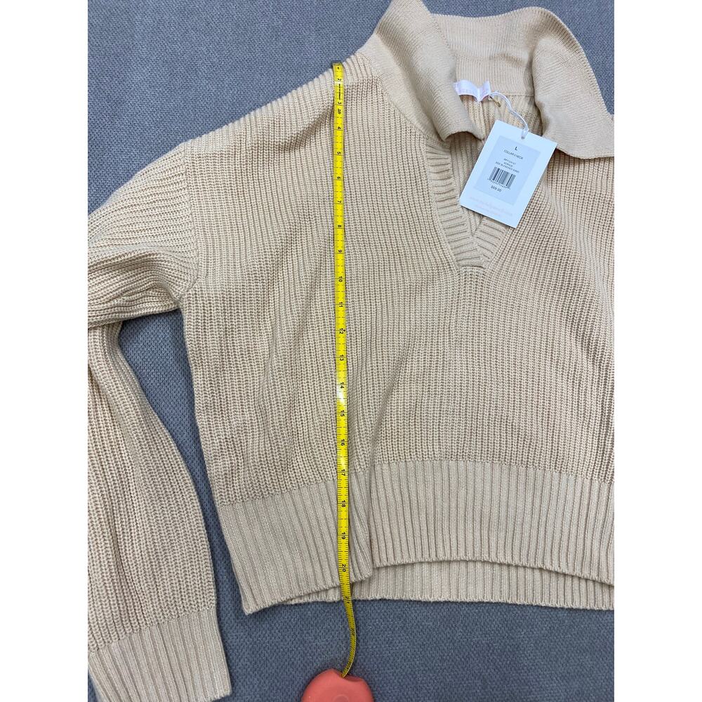 Rachel Parcell Collar V-Neck Sweater, Long Sleeve, Tan, Bleached Sand, Large NWT - Picture 7 of 9